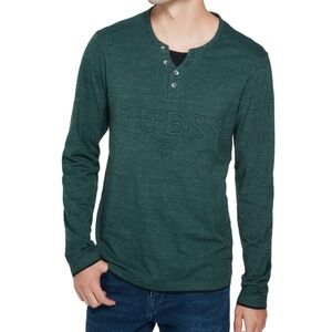 GUESS Reese Logo Marled Henley Long Sleeve Shirt L